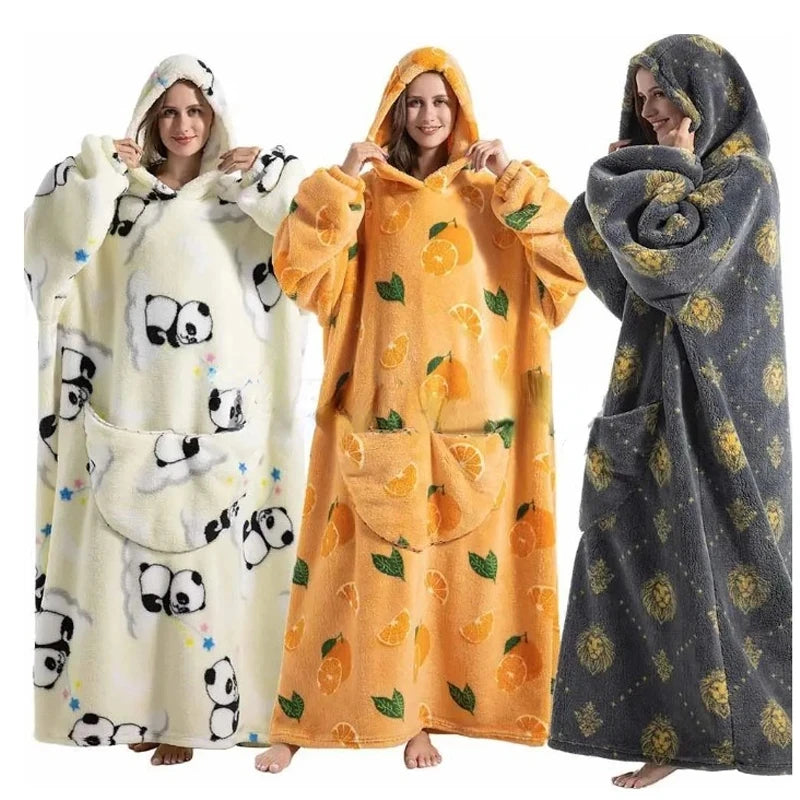 Winter Hoodies for Family Oversized Flannel Thick Sweatshirt Blanket with Sleeves