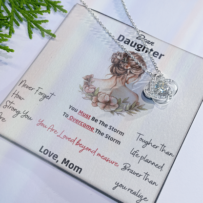 Framed as product alt text: Engraved mother to daughter necklace reading “Never forget how strong you are” with floral motif pendant
