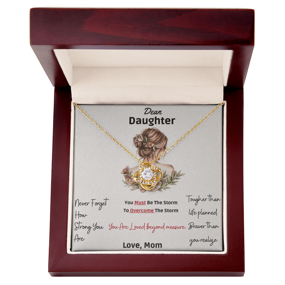 Framed as product alt text: Engraved mother to daughter necklace reading “Never forget how strong you are” with floral motif pendant
