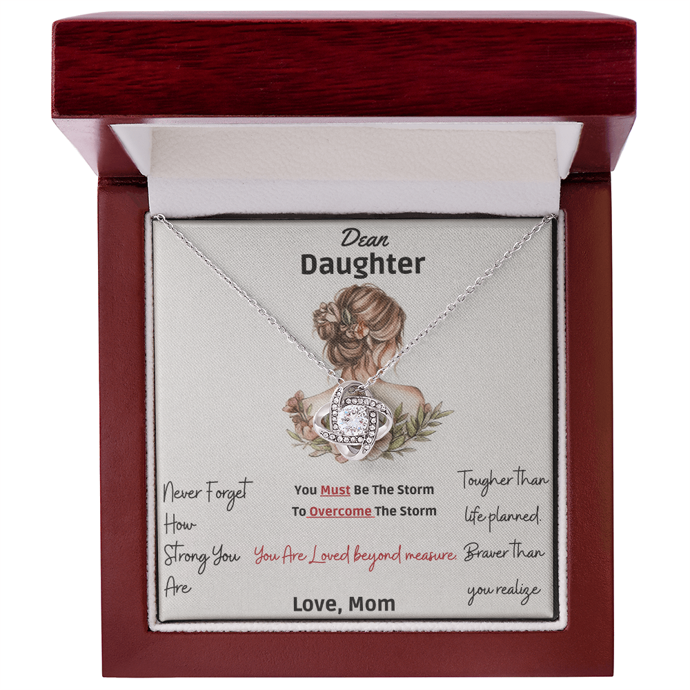 Framed as product alt text: Engraved mother to daughter necklace reading “Never forget how strong you are” with floral motif pendant
