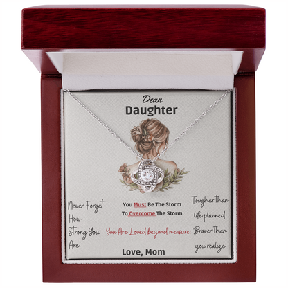 Framed as product alt text: Engraved mother to daughter necklace reading “Never forget how strong you are” with floral motif pendant
