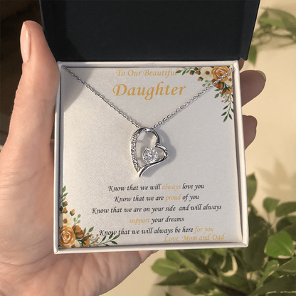 To Our Daughter - "Know That We Are On Your Side" - Forever Heart Necklace Gift