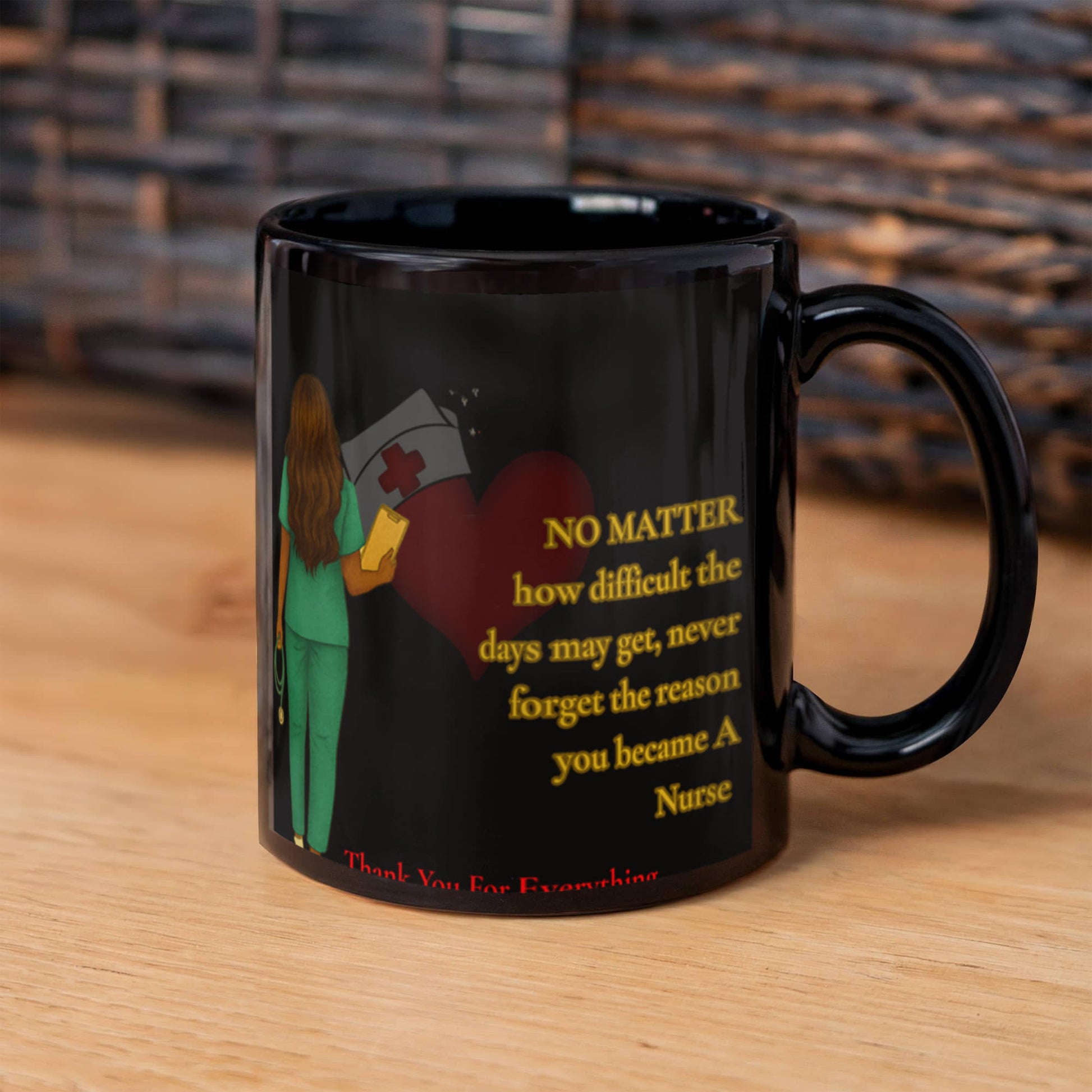 Ceramic mug featuring a nurse appreciation design with medical icons and a heartfelt message honoring healthcare workers.