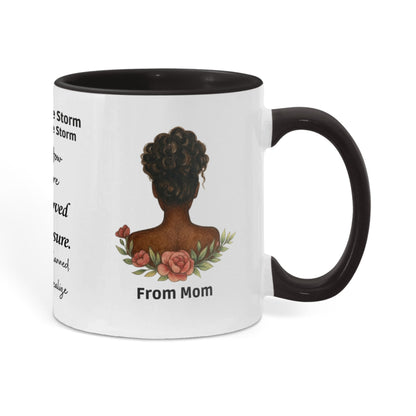 Engraved mother to daughter mug reading “Never forget how strong you are” with floral motif